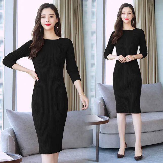 Midi Strickkleid gerippt schwarz mit Rundhals-Ausschnitt