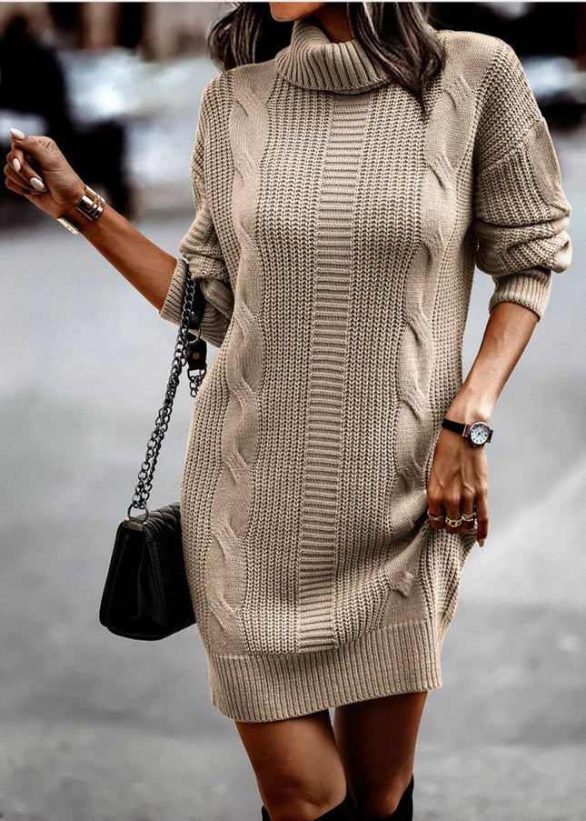 Mini Strickkleid mit Zopfmuster Beige mit Rollkragen