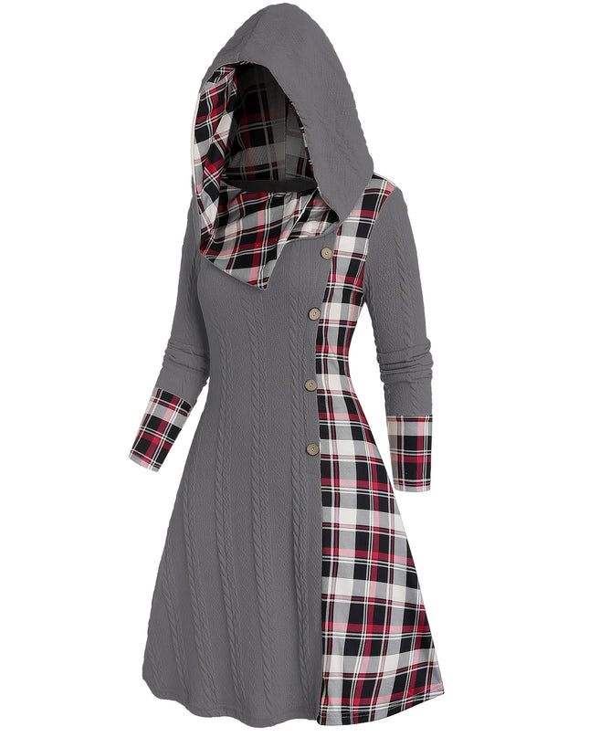 Knielanges Strickkleid mit Kapuze Grau, Frontalansicht mit Knopfleiste
