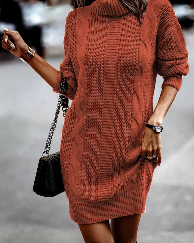 Mini Strickkleid mit Zopfmuster Rostrot mit Rollkragen und Langarm