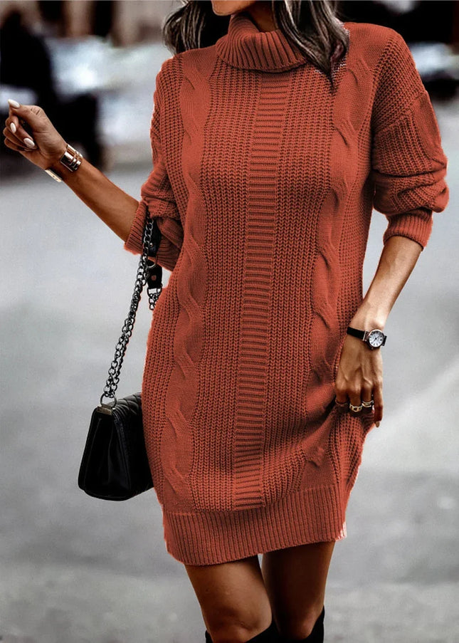 Mini Strickkleid mit Zopfmuster Rostrot mit Rollkragen und Langarm