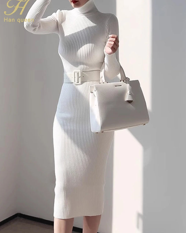 Braunes Strickkleid mit Rollkragen und Gürtel - Seitenansicht