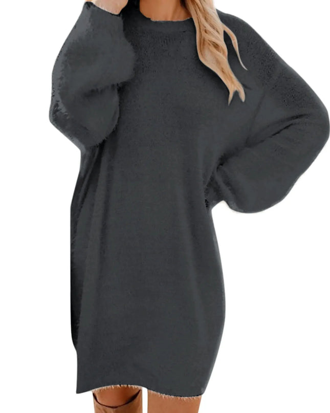 Oversize Strickkleid Grau flauschig mit Rundhals Vorderansicht