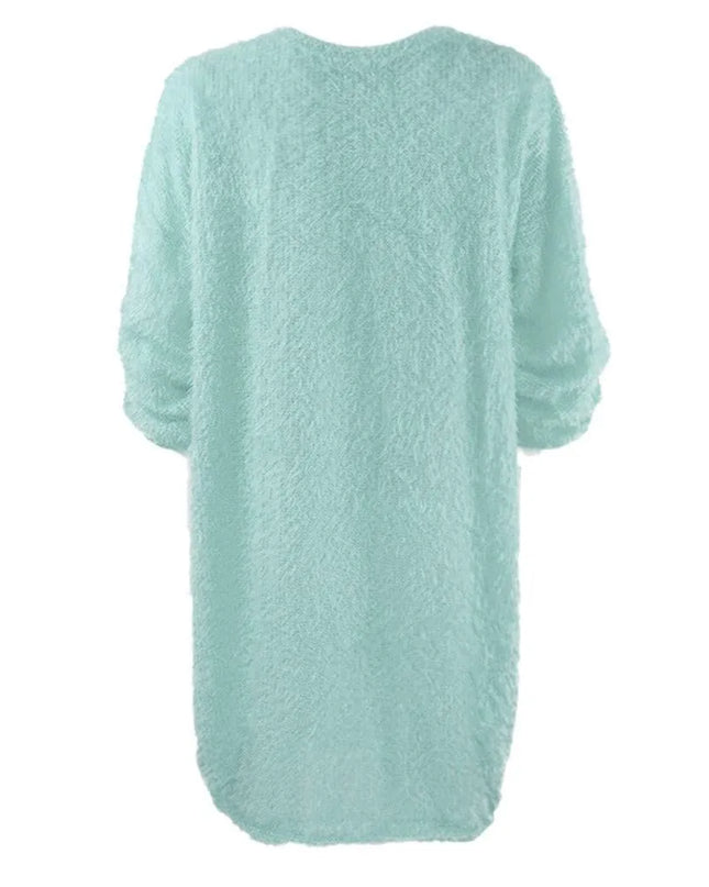 Dunkelgraues Strickkleid mit Fledermausärmeln Seitenansicht