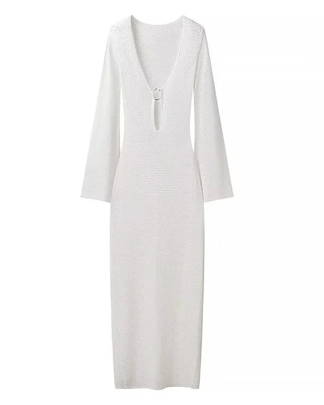 Weißes Strickkleid in Häkeloptik mit Lochmuster, knöchellang, Vorderansicht