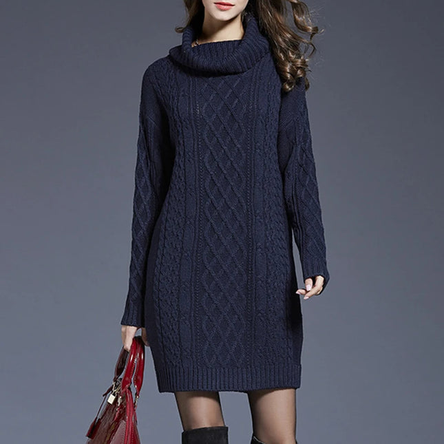 Knielanges Strickkleid Dunkelblau mit Rollkragen und Zopfmuster