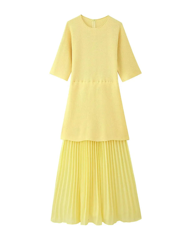 Langes Strickkleid Dreiviertelarm Gelb, Vorderansicht