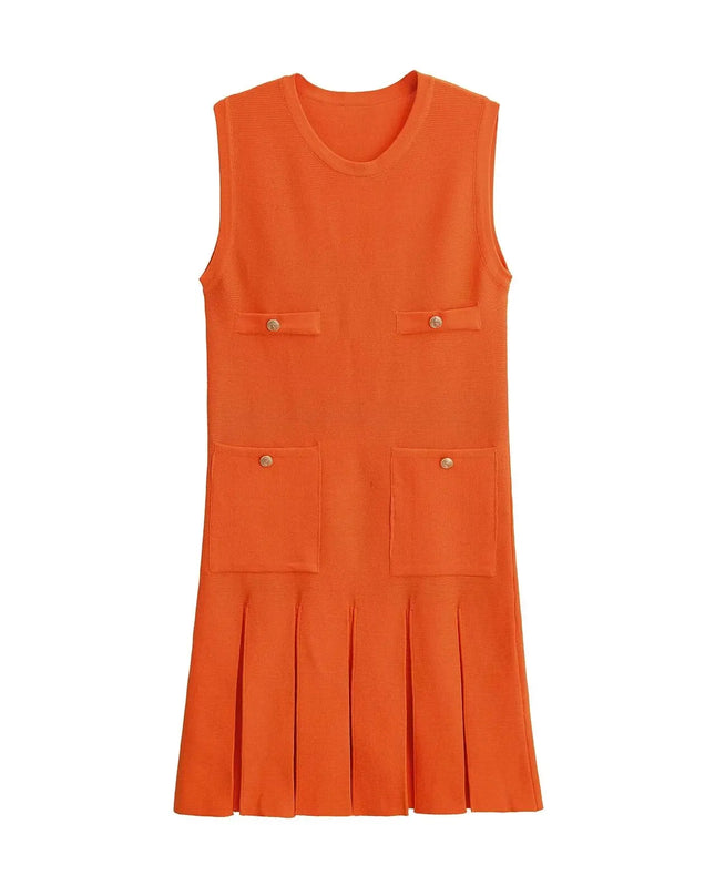 Oranges Strickkleid Damen mit Taschen und Kellerfalten, Vorderansicht