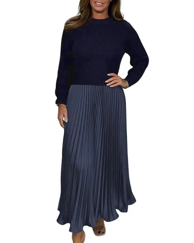 Dunkelblaues Strickkleid mit Plisseerock, langes strickkleid plissee blau
