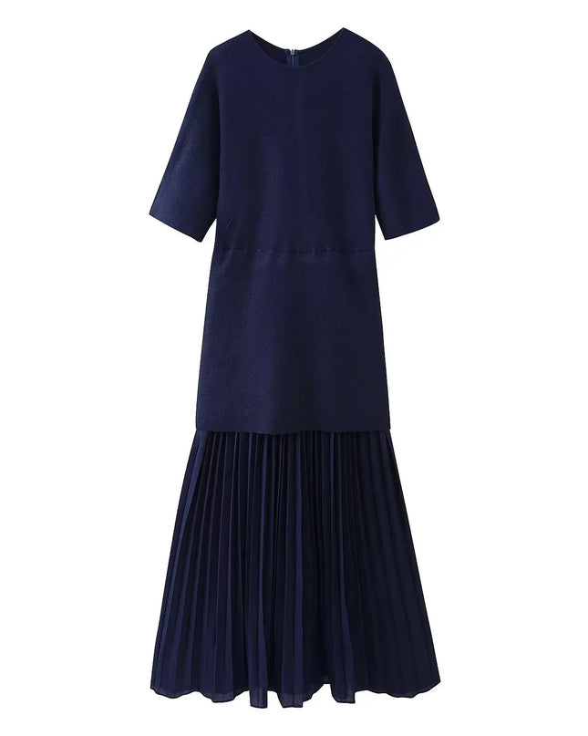 Langes Strickkleid Dreiviertelarm Dunkelblau mit Rundhalsausschnitt