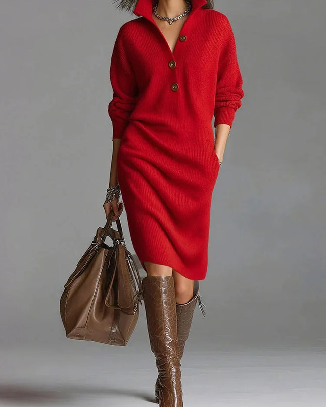 Rotes Strickkleid Damen Locker mit Umlegekragen