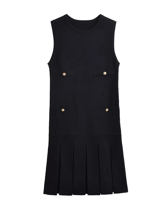 Schwarzes Strickkleid Damen Plissee mit Plisseerock, ärmellos, Vorderansicht