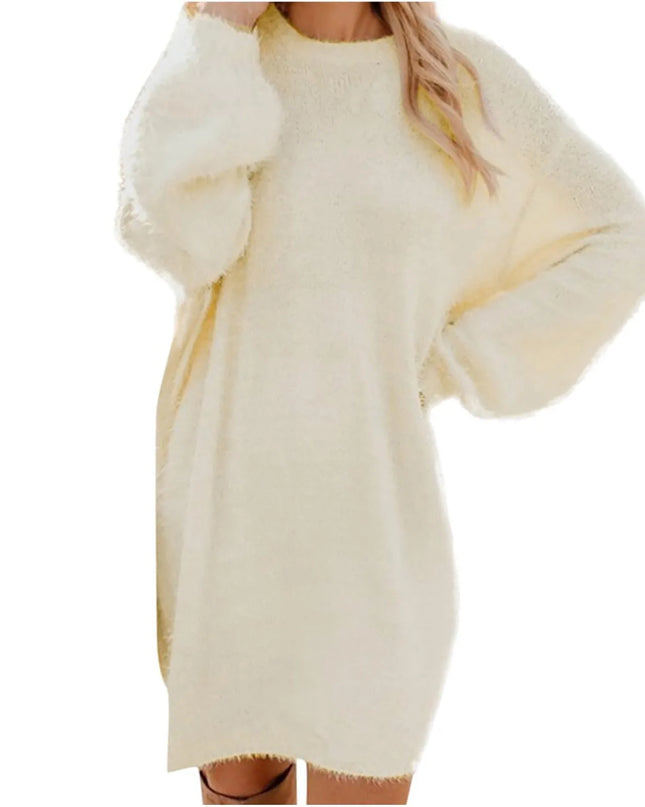 Cremefarbenes Oversize Strickkleid mit Rundhals und Fledermausärmeln