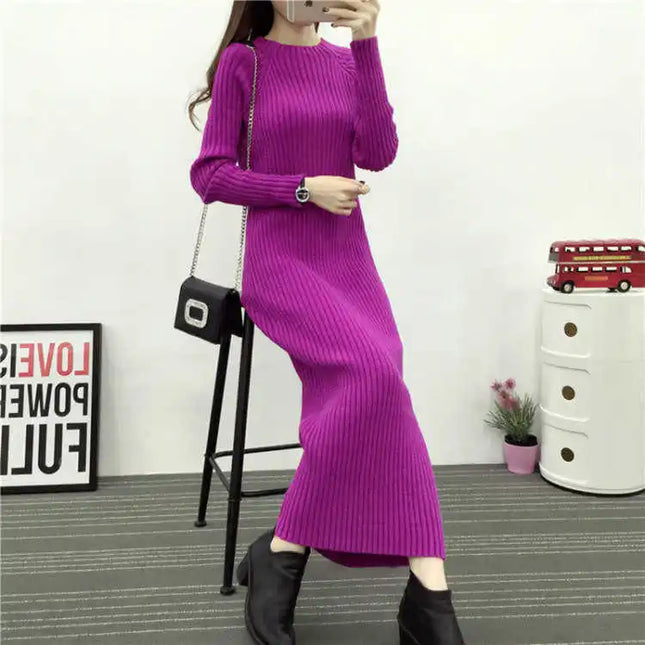 Midi Strickkleid Figurbetont Magenta mit Rundhals und langem Ärmel