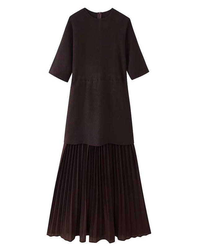 Langes Strickkleid Dreiviertelarm Dunkelbraun, knöchellang mit Rundhals