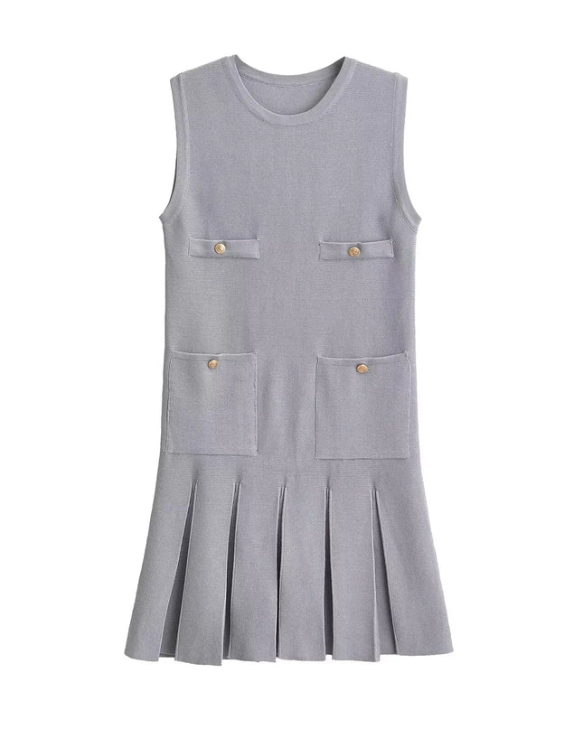 Graues Strickkleid Damen Kellerfalten mit Rundhalsausschnitt