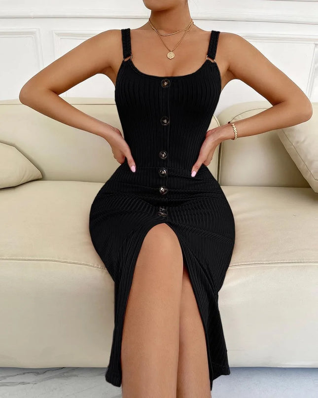 Schwarzes midi Strickkleid mit Schlitz, ärmellos und figurbetont in Rippstrick