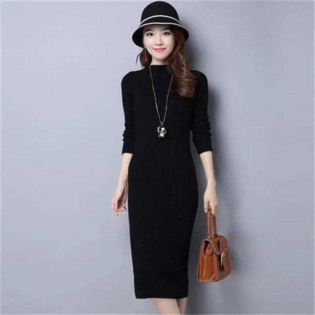 Midi Strickkleid figurbetont schwarz mit Rundhalsausschnitt