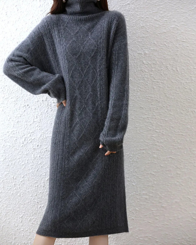 Rollkragen Strickkleid Dunkelgrau Damen mit Zopfmuster