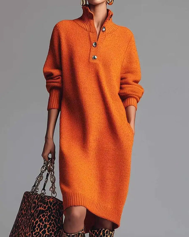 Knielanges Strickkleid Orange mit Polokragen und Knopfleiste