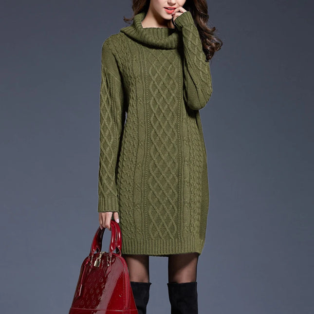 Olivgrünes knielanges Strickkleid große Größen mit Rollkragen