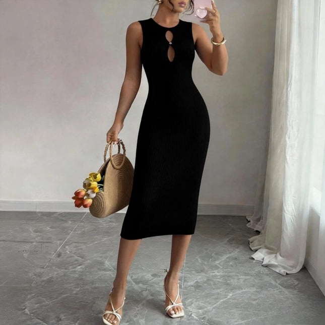 Schwarzes midi Strickkleid mit Rundhals und tropfenförmiger Aussparung, figurbetontes Rippstrickkleid