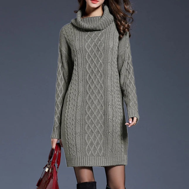 Knielanges Strickkleid Zopfmuster Grau mit Rollkragen