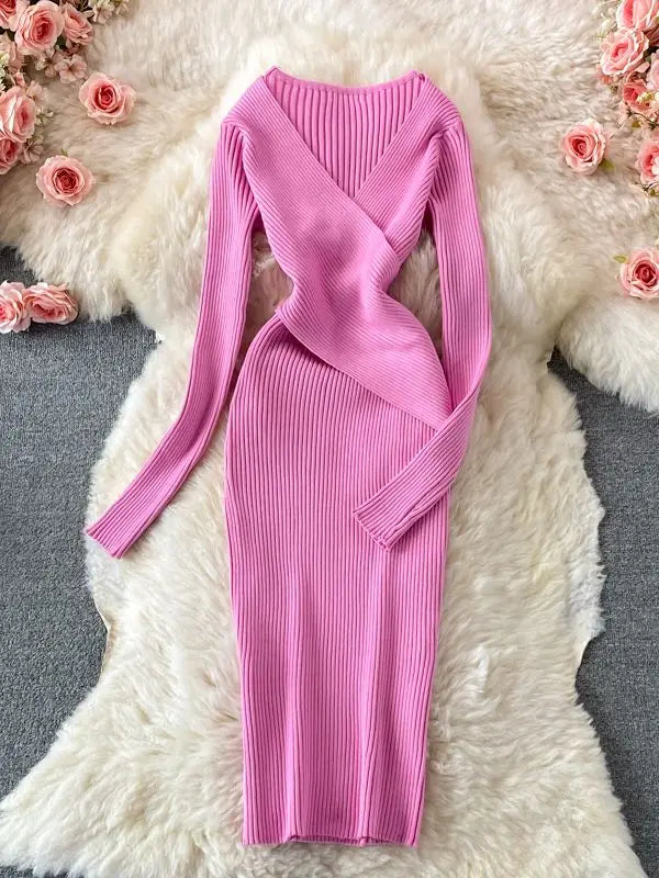 Sexy Strickkleid Damen in Rosa mit V-Ausschnitt