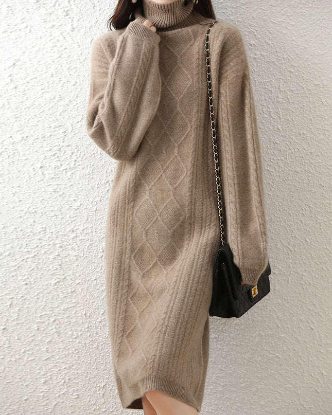 Rollkragen Strickkleid Grobstrick in Camel für Damen