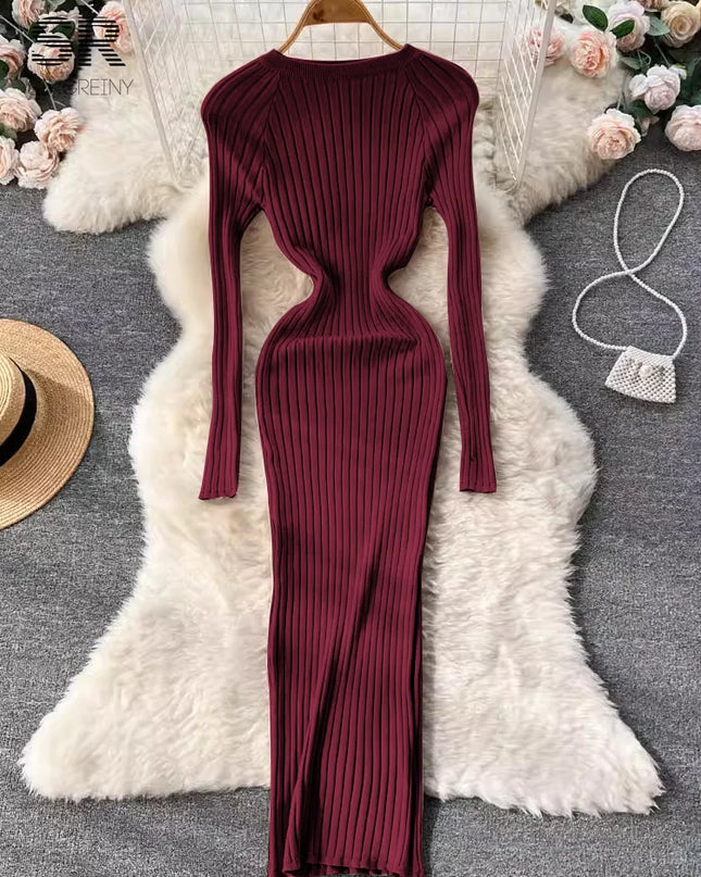Strickkleid Damen langes Rippstrick-Maxikleid in Weinrot
