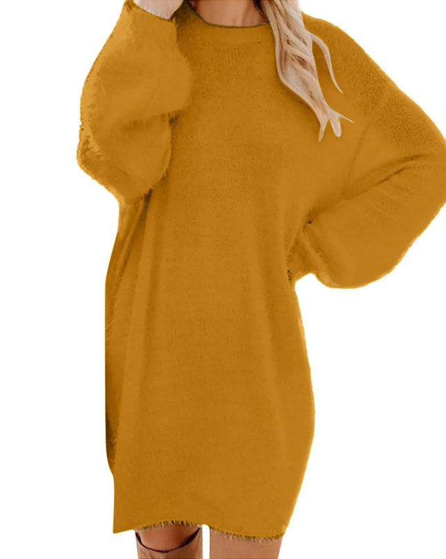 Oversize Strickkleid in Senfgelb, flauschig und warm, ganzes Kleid von vorne