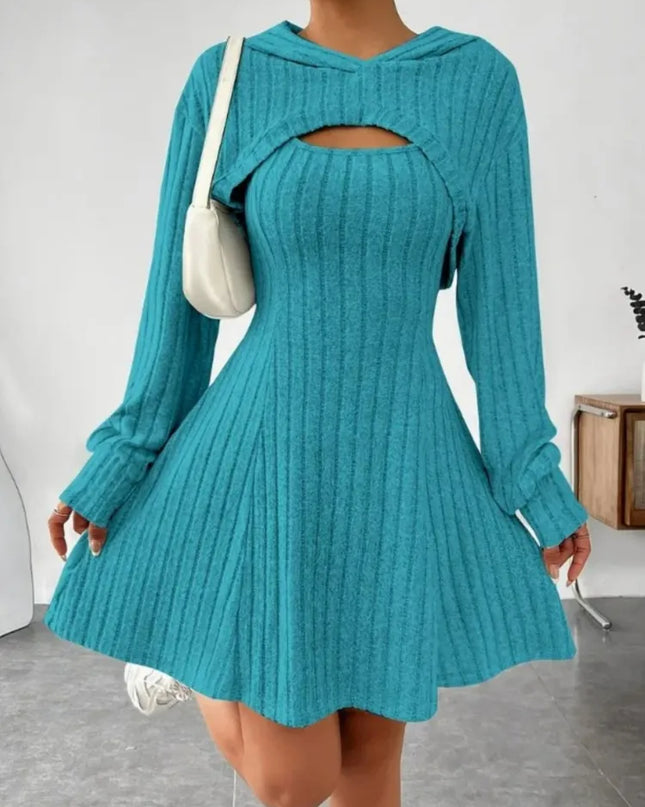 Mini Strickkleid mit Kapuze Petrol in A-Linie