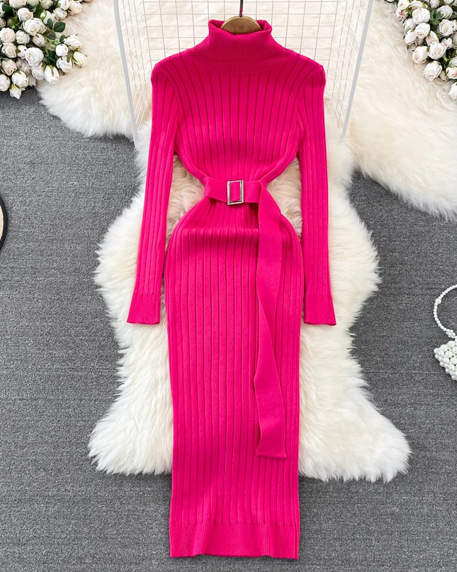 Rollkragen Strickkleid gerippt Pink mit Gürtel und Schnalle