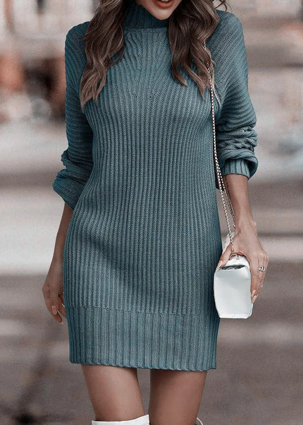 Mini Strickkleid Petrol mit Stehkragen, Vorderansicht