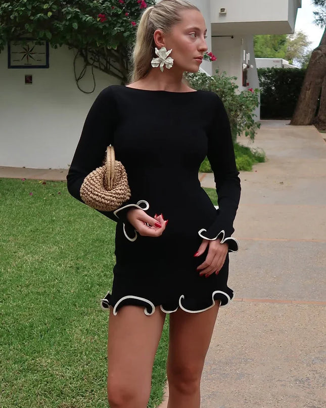 Schwarzes Strickkleid schulterfrei - Rückansicht, gerader Saum