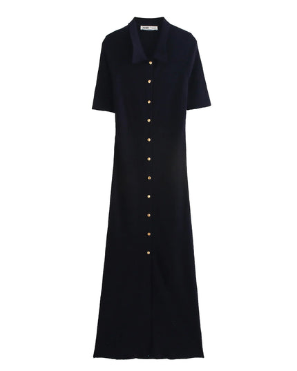 Schwarzes Strickkleid mit Knopfleiste und Polokragen