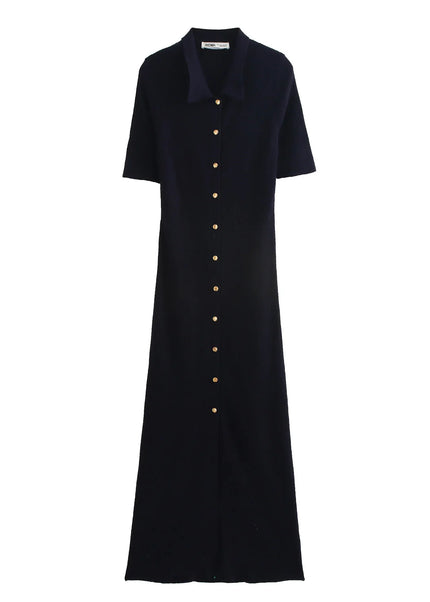 Schwarzes Strickkleid mit Knopfleiste und Polokragen