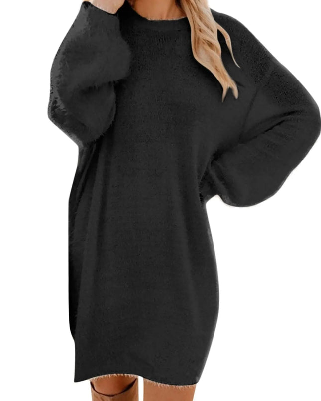 Schwarzes Oversize Strickkleid mit Rundhals und flauschiger Oberfläche