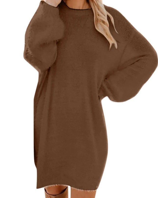 Oversize Strickkleid Braun flauschig mit Rundhals und Fledermausärmeln