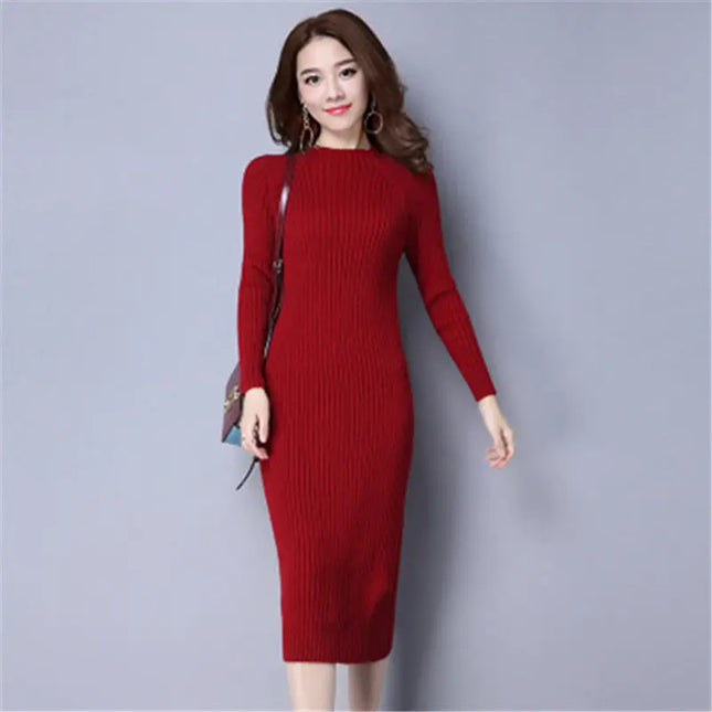 Midi Strickkleid figurbetont Weinrot mit Rundhalsausschnitt