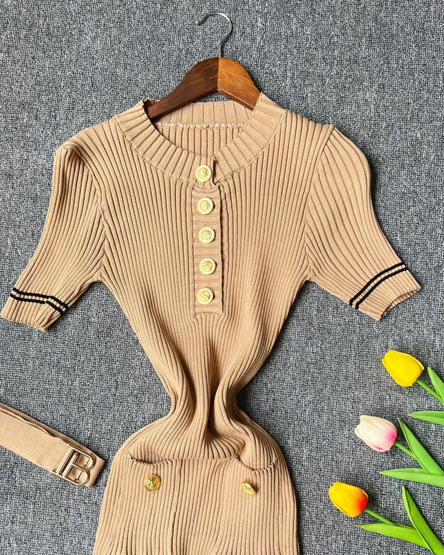 Midi Strickkleid Kurzarm in Camel mit Gürtel und Knopfleiste
