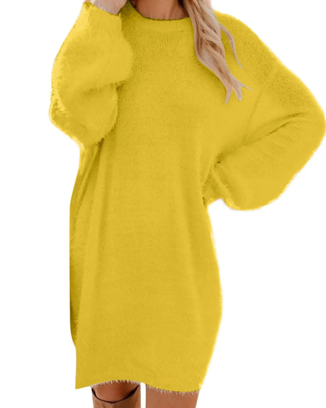 Oversize Strickkleid in Gelb mit Rundhals und Fledermausärmeln