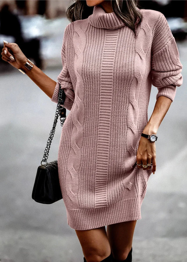 Mini Strickkleid mit Zopfmuster Rosa mit Rollkragen