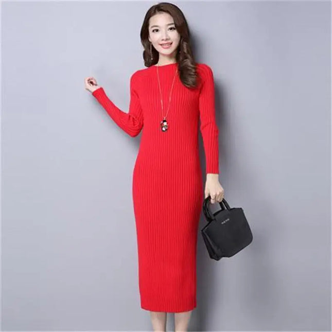 Midi Strickkleid Figurbetont Rot aus Rippstrick mit Rundhals
