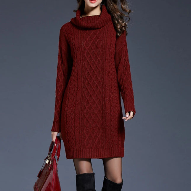 Knielanges Strickkleid Weinrot mit Rollkragen für Damen