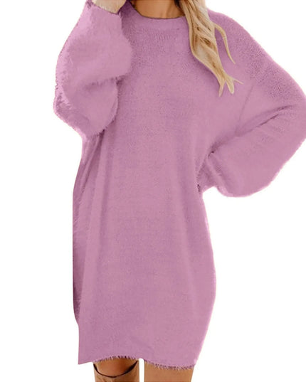 Oversize Strickkleid Lila flauschig kurz Rundhals
