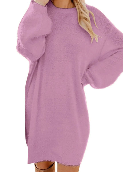 Oversize Strickkleid Lila flauschig kurz Rundhals