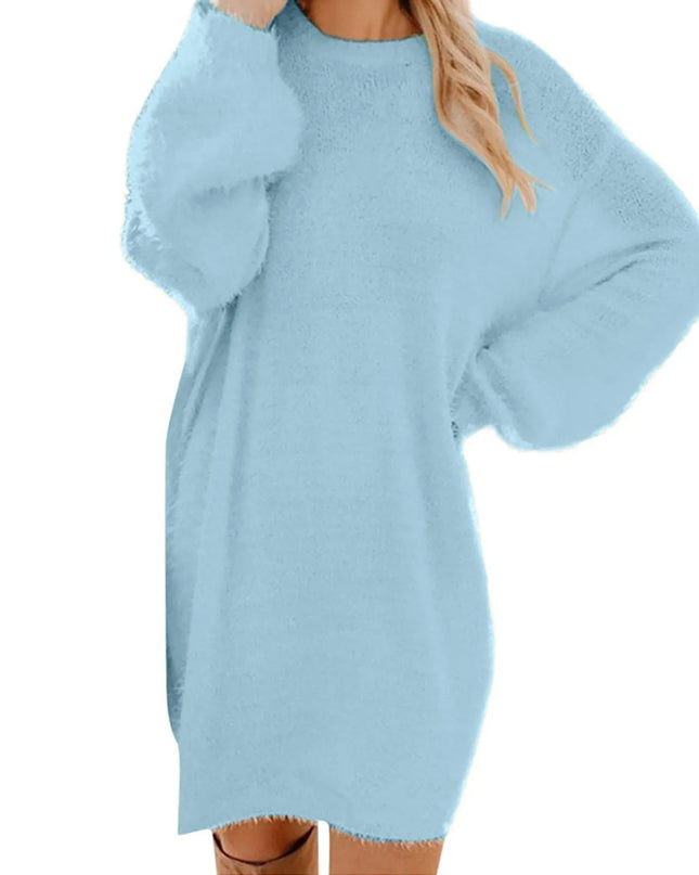 Oversize Strickkleid Blau in Himmelblau, flauschig mit Rundhalsausschnitt
