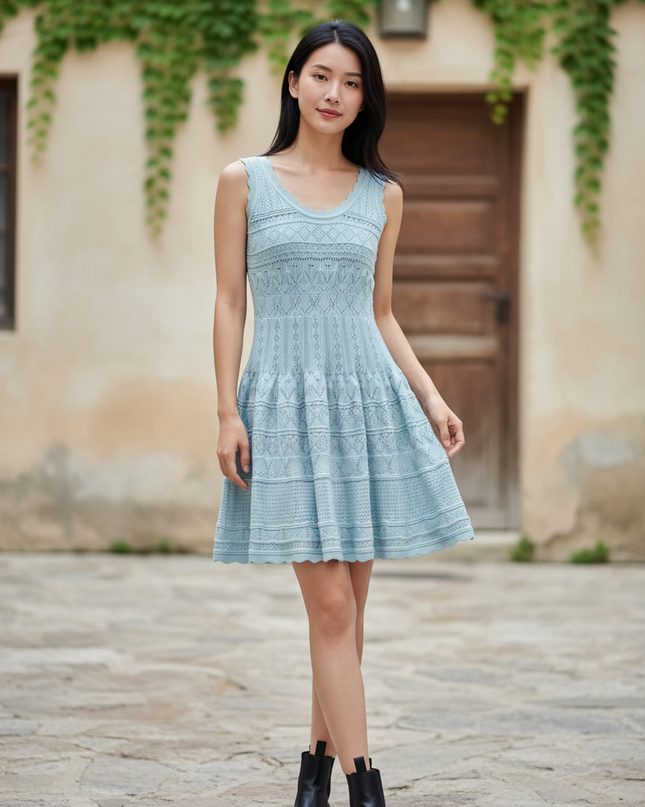 Hellblaues Strickkleid Damen Ärmellos Ajourmuster - Ansicht 1