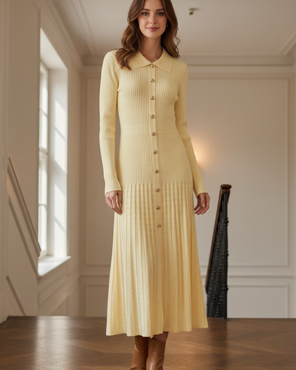 Langes Strickkleid Gelb mit Hemdkragen - Ansicht 1